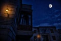 Full moon over the city at night, Baku Azerbaijan. Big full moon shining bright over buildings Royalty Free Stock Photo