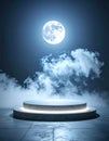 Full Moon Over Concrete Platform with Wispy Clouds in Nighttime Space Scene Royalty Free Stock Photo