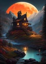 Full moon over cozy cottage in the countryside. Amazing digital illustration. CG Artwork Background