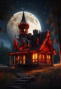 Full moon over cozy cottage in the countryside. Amazing digital illustration. CG Artwork Background