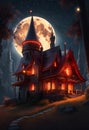 Full moon over cozy cottage in the countryside. Amazing digital illustration. CG Artwork Background