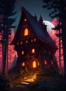 Full moon over cozy cottage in the woods. Amazing digital illustration. CG Artwork Background