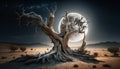 Full moon over dead tree in the desert. Generative AI Royalty Free Stock Photo
