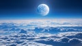 A full moon over a dense layer of clouds. View of the huge moon from the window of a passenger plane. Royalty Free Stock Photo