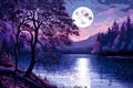 Full moon over the lake Landscape in purple tones Royalty Free Stock Photo