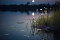 Full moon over the lake. lunar landscape. Generative AI Royalty Free Stock Photo