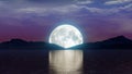 Full moon over lake with mountains night scene moonlight scenic landscape purple sky 3D illustration Royalty Free Stock Photo