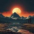 a full moon over a mountain range with water and trees Royalty Free Stock Photo