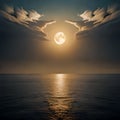 Full moon over ocean highlighted by clouds Royalty Free Stock Photo