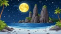 A full moon over the ocean with rocks and palm trees, AI Royalty Free Stock Photo