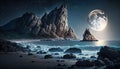 a full moon over the ocean with rocks and a rock formation. generative ai Royalty Free Stock Photo