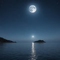 A full moon over the ocean with a small island in the background.