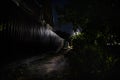 Full moon over quite village at night. Beautiful night landscape of old town street with lights. Russia Royalty Free Stock Photo