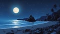 Full moon over the sea and rocks at night. Generative AI Royalty Free Stock Photo