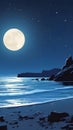 Full moon over the sea and rocks at night wallpaper for Notebook cover, I pad, I phone, mobile high quality images. Royalty Free Stock Photo