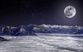 The full moon over snowy Alps, above clouds, under the starry sky