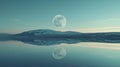 Full moon over tranquil mountain lake at dusk