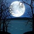 Full moon over water in the forest. Vector illustration Royalty Free Stock Photo