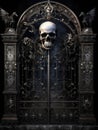 A full moon peeking through an iron gate with intricate carvings of skulls and wings. Gothic art. AI generation Royalty Free Stock Photo