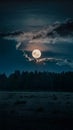 Full moon peeks through dark clouds, casting an eerie glow