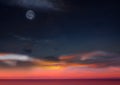 Full moon at pink sinset night starry sky reflection on sea water blue orange pink colorful nature landscape