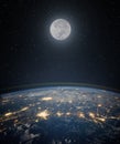 Full moon. and planet Earth against the background of the starry night sky. Space background with Earth and satellite Moon. Royalty Free Stock Photo