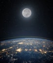 Full moon. and planet Earth against the background of the starry night sky. Space background with Earth and satellite Moon. Royalty Free Stock Photo