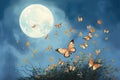 full moon providing illumination to a swarm of butterflies