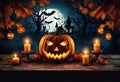 Full Moon and Pumpkin Head: Halloween Illustration Spooky House Haunted house Halloween pumpkin head jack lantern with burning Royalty Free Stock Photo