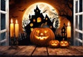 Full Moon and Pumpkin Head: Halloween Illustration Spooky House Haunted house Halloween pumpkin head jack lantern with burning Royalty Free Stock Photo