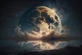a full moon is reflected in the water of a body of water with clouds and stars in the sky, with a reflection of the moon in the Royalty Free Stock Photo