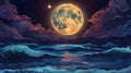 Full moon reflecting on sea waves with dark sky background Royalty Free Stock Photo
