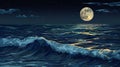 Full moon reflecting on sea waves with dark sky background Royalty Free Stock Photo