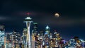 Full moon rises above Seattle skyline