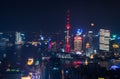 The full moon rises behind the Pudong skyline. Royalty Free Stock Photo