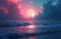 Full moon rises over ocean waves under dramatic pink and blue cloudy sky. Celestial body reflects on water surface, creating a Royalty Free Stock Photo