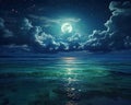 The full moon rises over the sea.