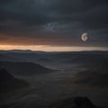 a full moon rises over a valley in the middle of a desert