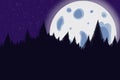 Full moon rising above conifer trees against clear sky. Halloween background