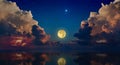 Full moon rising above serene sea in sunset sky with glowing clouds and bright stars Royalty Free Stock Photo