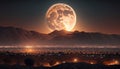 a full moon rising over a city in the desert with mountains in the background.