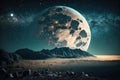 a full moon rising over a desert landscape with stars in the sky and a distant mountain range in the foreground with a few stars