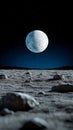 A full moon rising over the moon with rocks on the ground Royalty Free Stock Photo