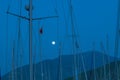 Full moon among sailing boat masts in marina