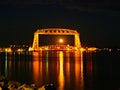 Full moon is seen through the iconic Duluth Minnesota aerial lift bridge Royalty Free Stock Photo