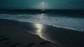 A full moon shines over the ocean on a beach. Generative AI image.