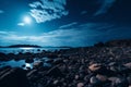 a full moon shines over a rocky beach at night