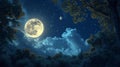 A full moon shining brightly in the sky over a forest, AI Royalty Free Stock Photo