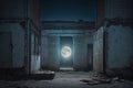 full moon shining down on abandoned warehouse, windows broken and doors hanging off their hinges