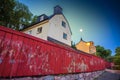 The full moon shining on the old cobbled colorful  narrow street in Stockholm at night Royalty Free Stock Photo